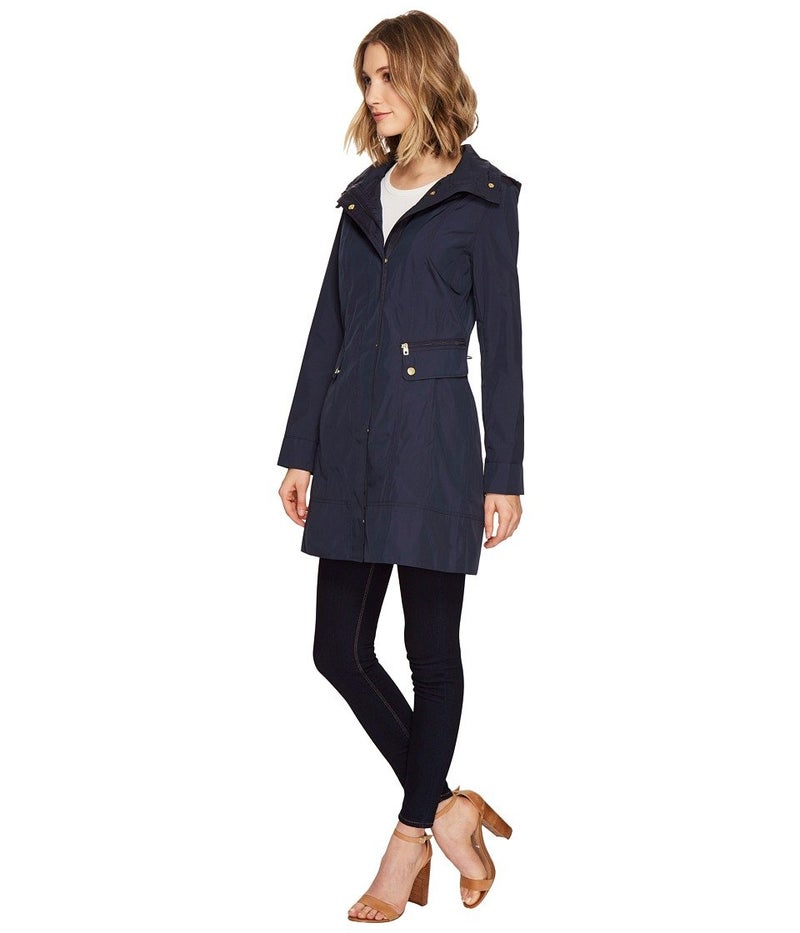 Cole Haan womens Packable Hooded Jacket With Bow Raincoat, Indigo, Medium US - Image 2